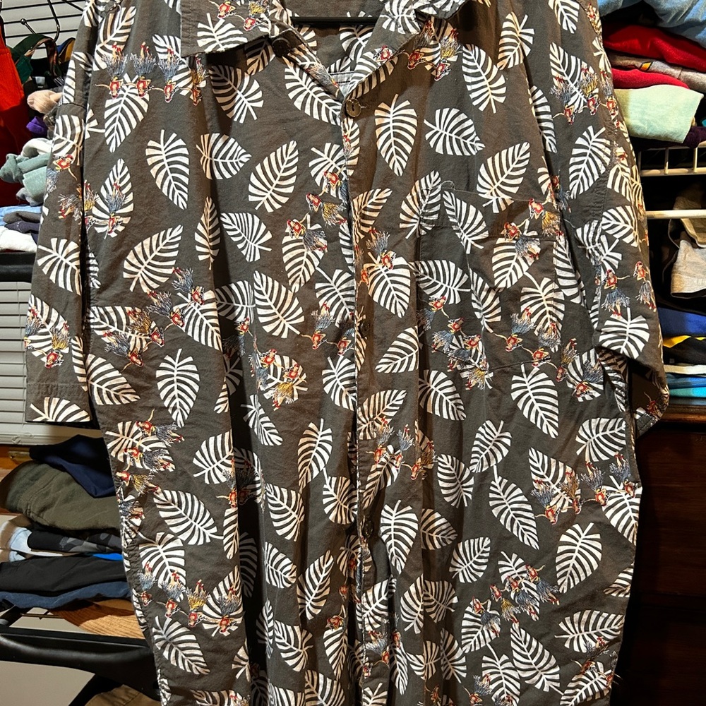 Tropical Leaf Print Hawaiian Shirt with Hula Dancers Green